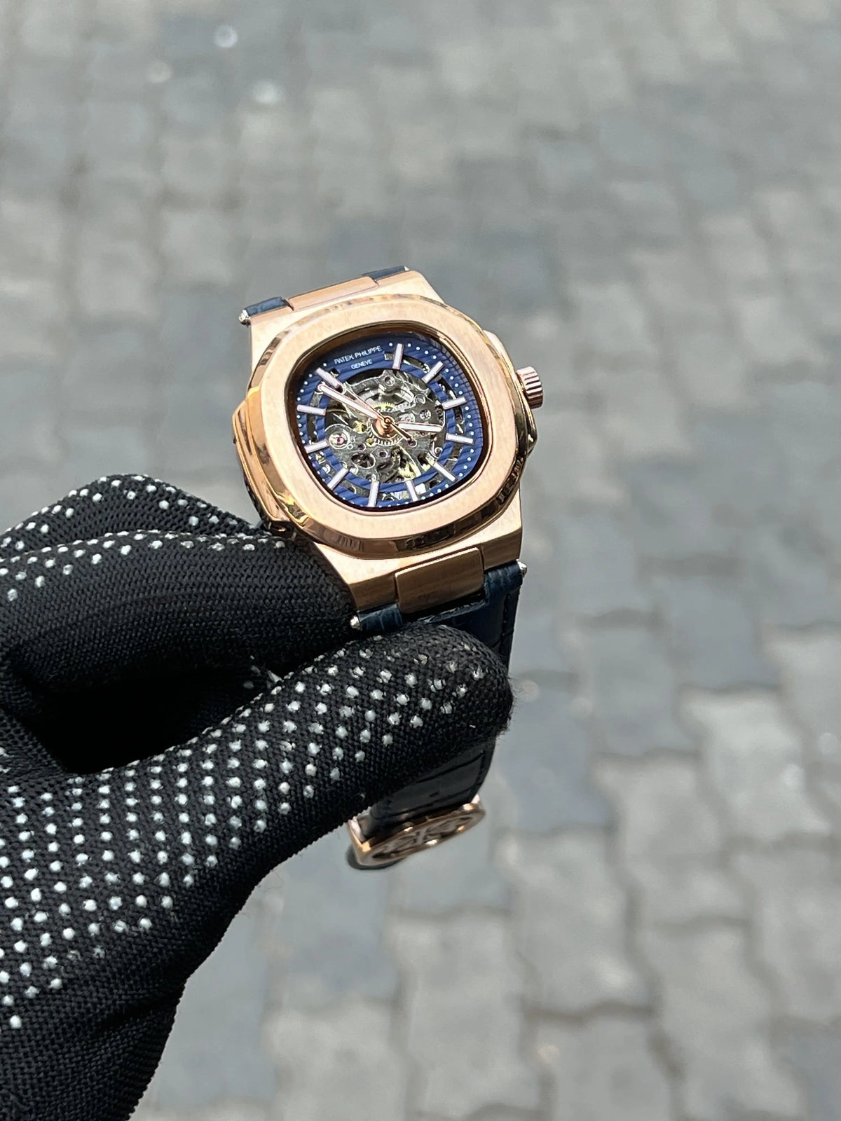 Pate_k Phillipe Leather Belt Rose Gold Blue