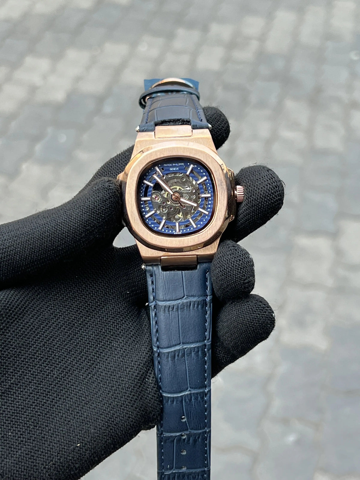 Pate_k Phillipe Leather Belt Rose Gold Blue
