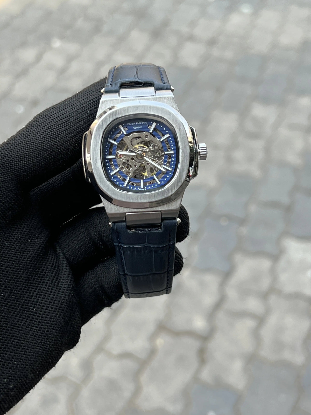 Pate_k Phillipe Automatic Leather Blue Silver
