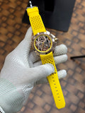 Jacob Co CR7 Limited Edition timepiece featuring skeletonized dial with a yellow rubber