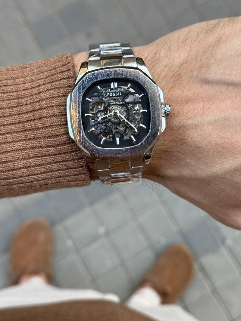 Fossi l Skeleton Square Automatic Silver Black