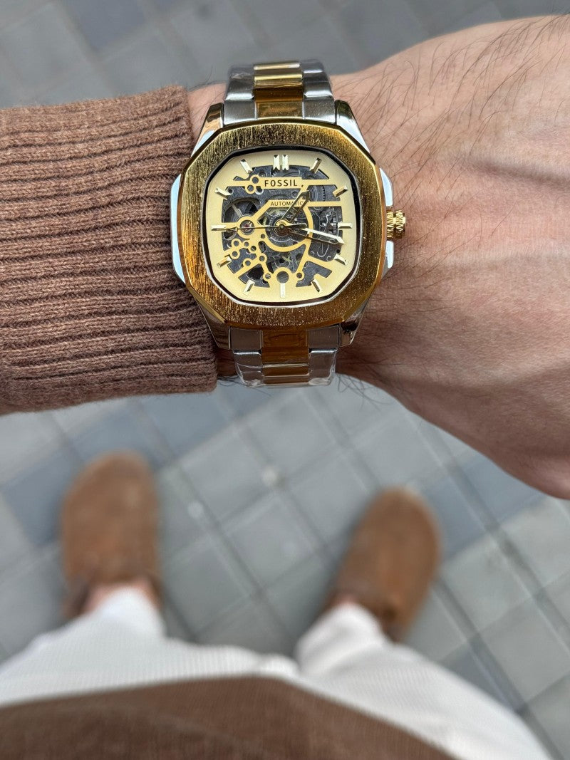 Fossi l Skeleton Square Automatic Gold Two Tone
