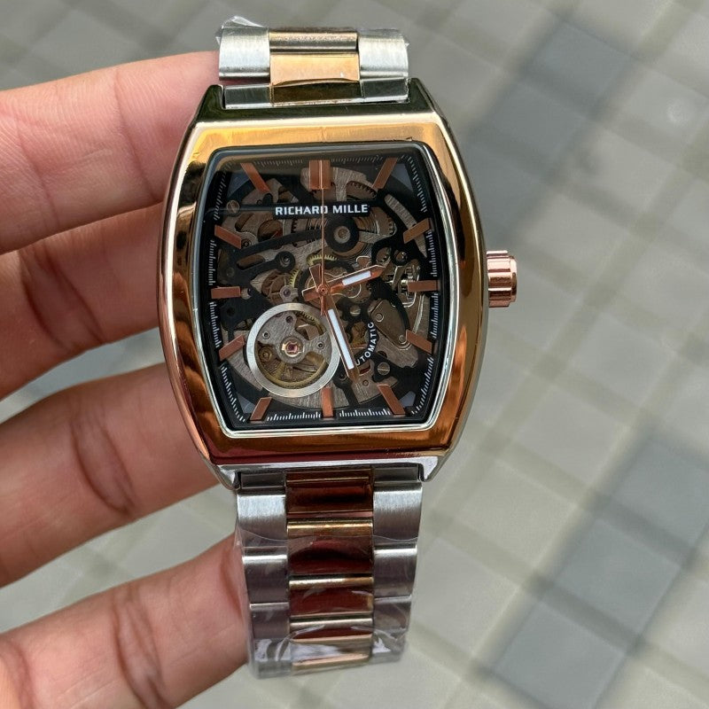 Richard Mill e Open Heart Skeleton Rectangular Two Tone Black Dial