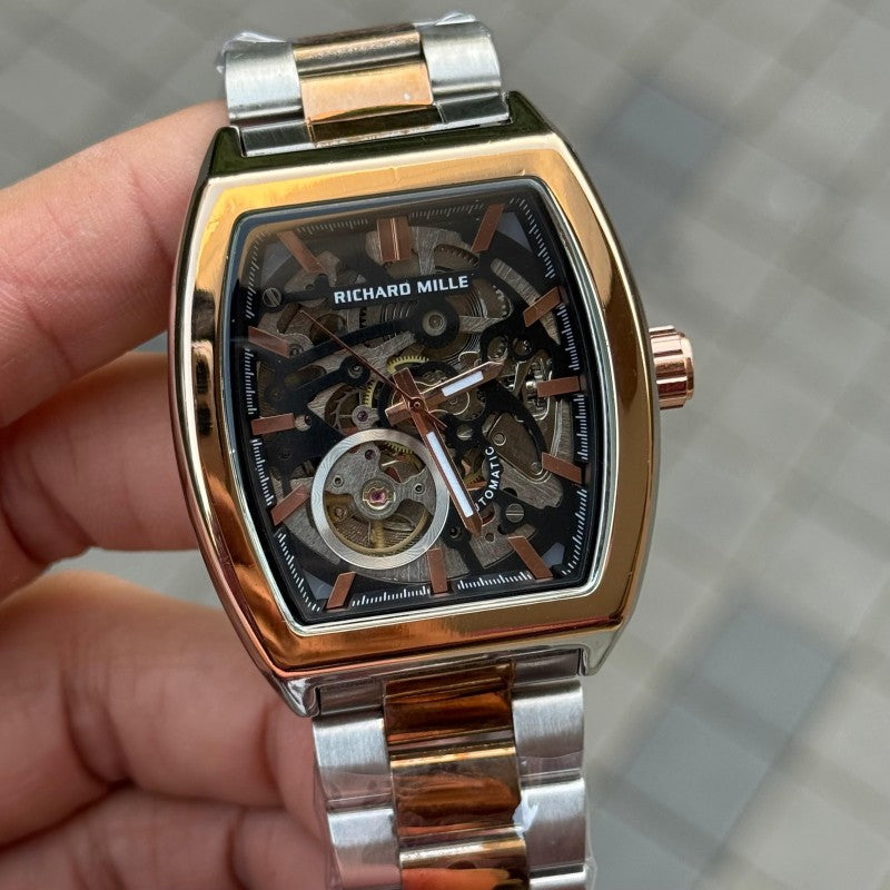 Richard Mill e Open Heart Skeleton Rectangular Two Tone Black Dial
