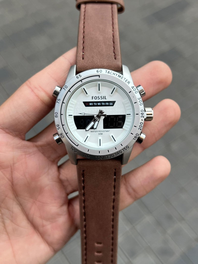 Fossi l Dual Time Brown Silver White Dial