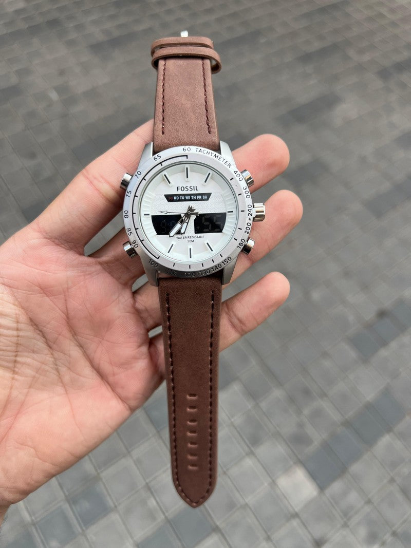 Fossi l Dual Time Brown Silver White Dial