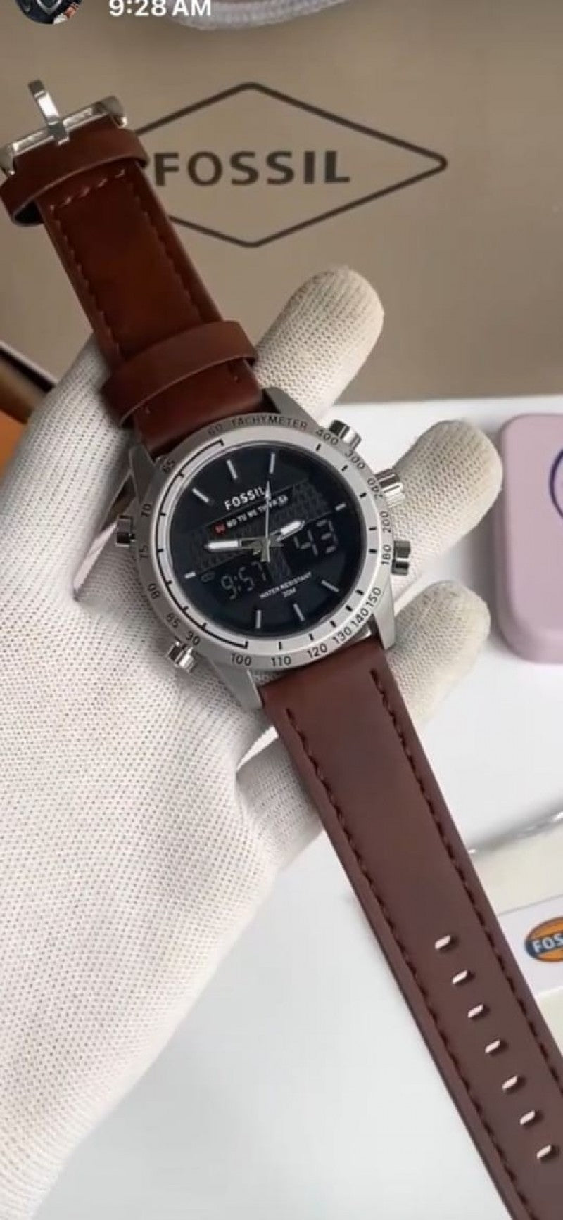 Fossi l Dual Time Brown Silver Black Dial