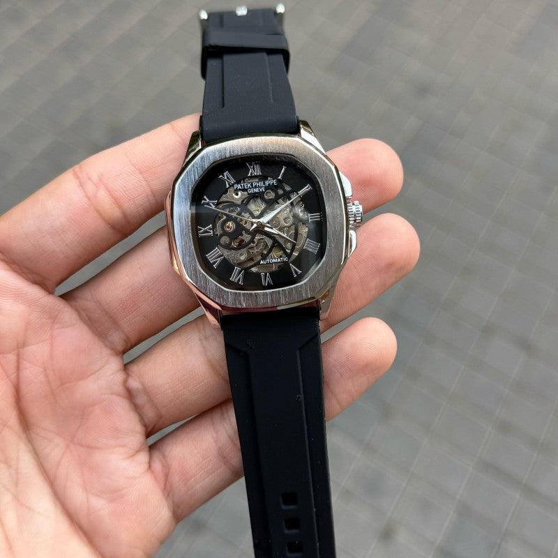 Patel Phillep e Skeleton Automatic Silicone Silver Black