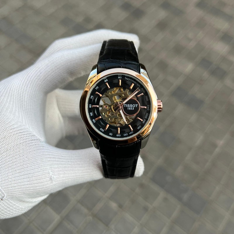 Tisso t 1853 Skeleton Automatic Two Tone Black Leather