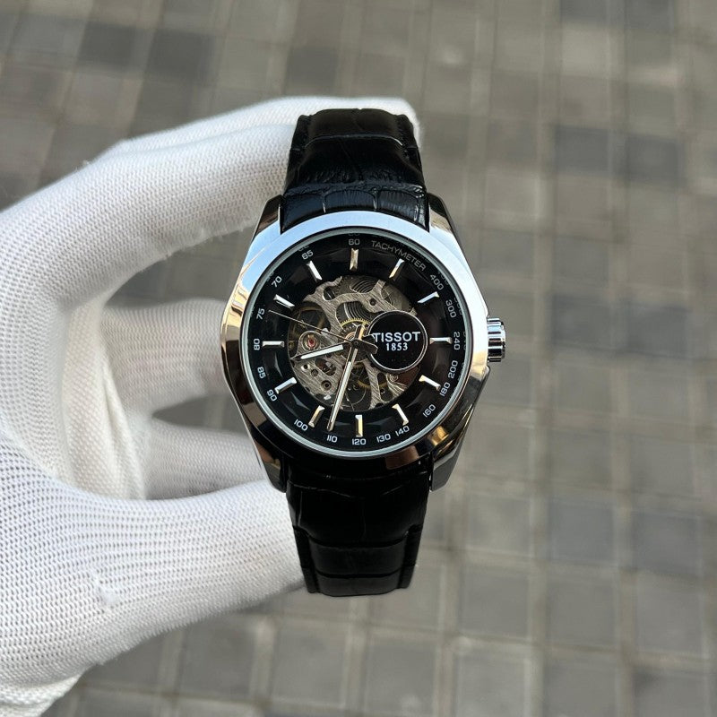 Tisso t 1853 Skeleton Automatic Silver Black leather