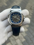 Patek Phillipe Skeleton Leather Belt Blue Silver