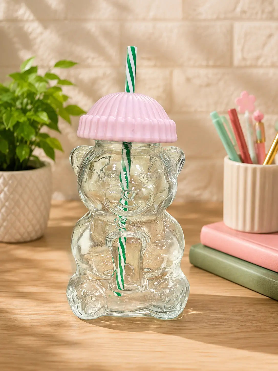 STARBUCKS CUTE BEAR GLASS CUP Pink Tumbler Mug