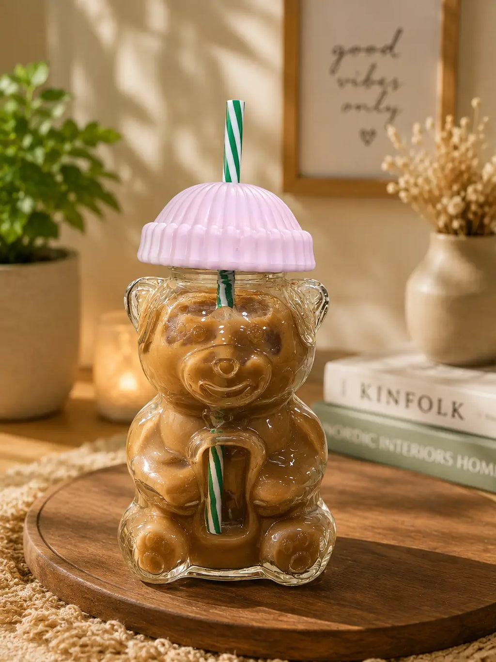 STARBUCKS CUTE BEAR GLASS CUP Pink Tumbler Mug