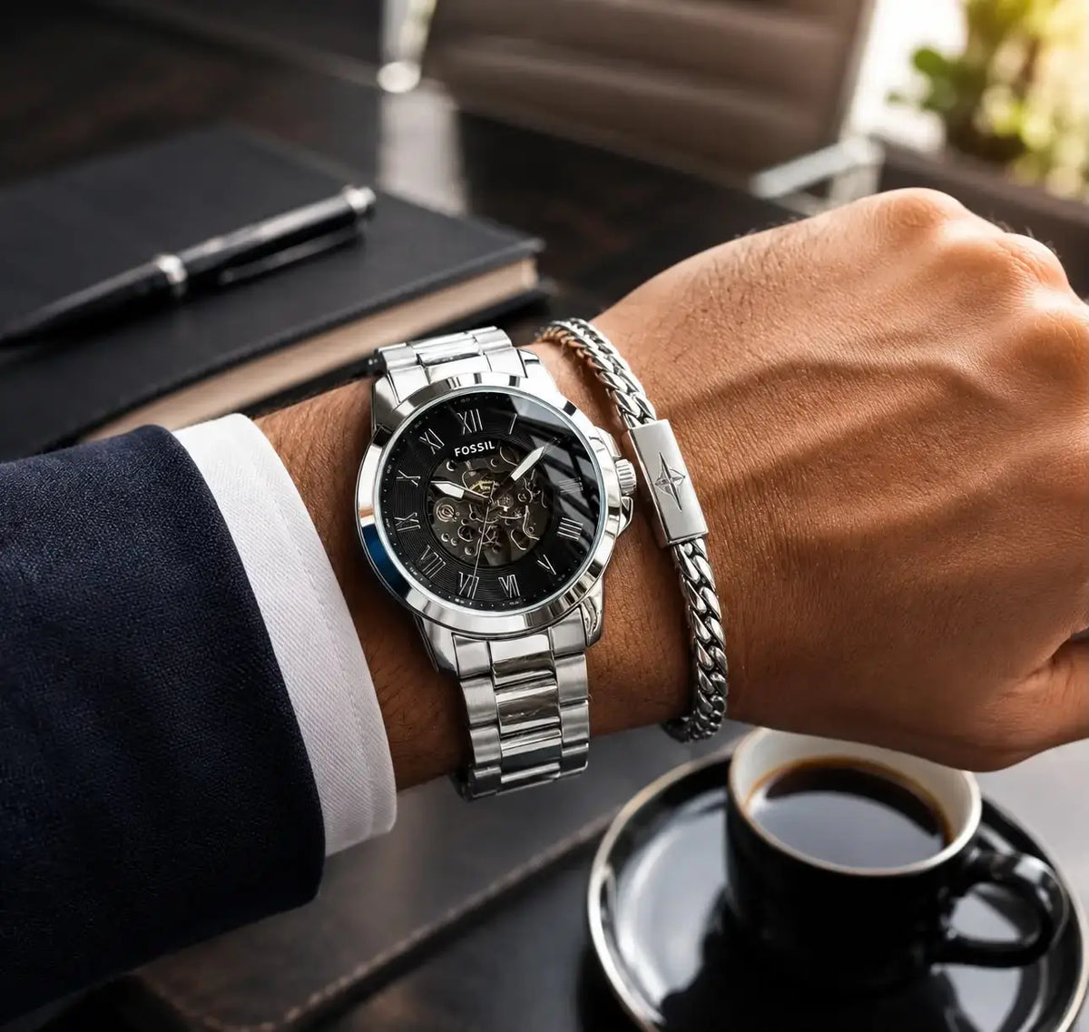 Fossi l Automatic Chain Silver Black