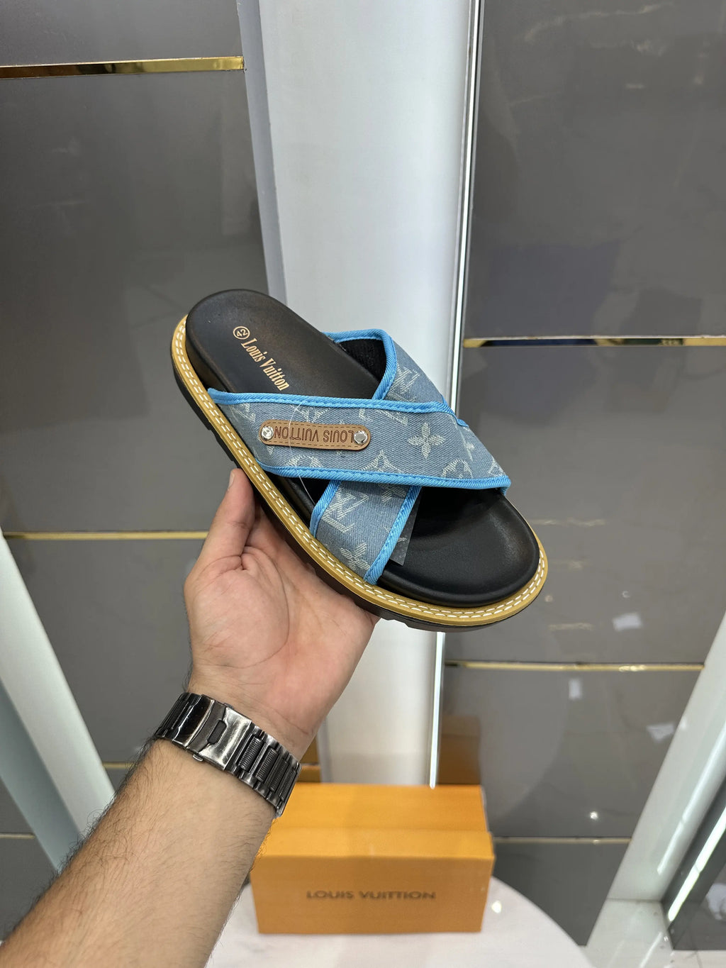 Louis_Vuitoon Cross Denim Blue Slide