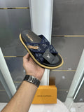Louis_Vuitton Blue Cross Monogram Denim Slide