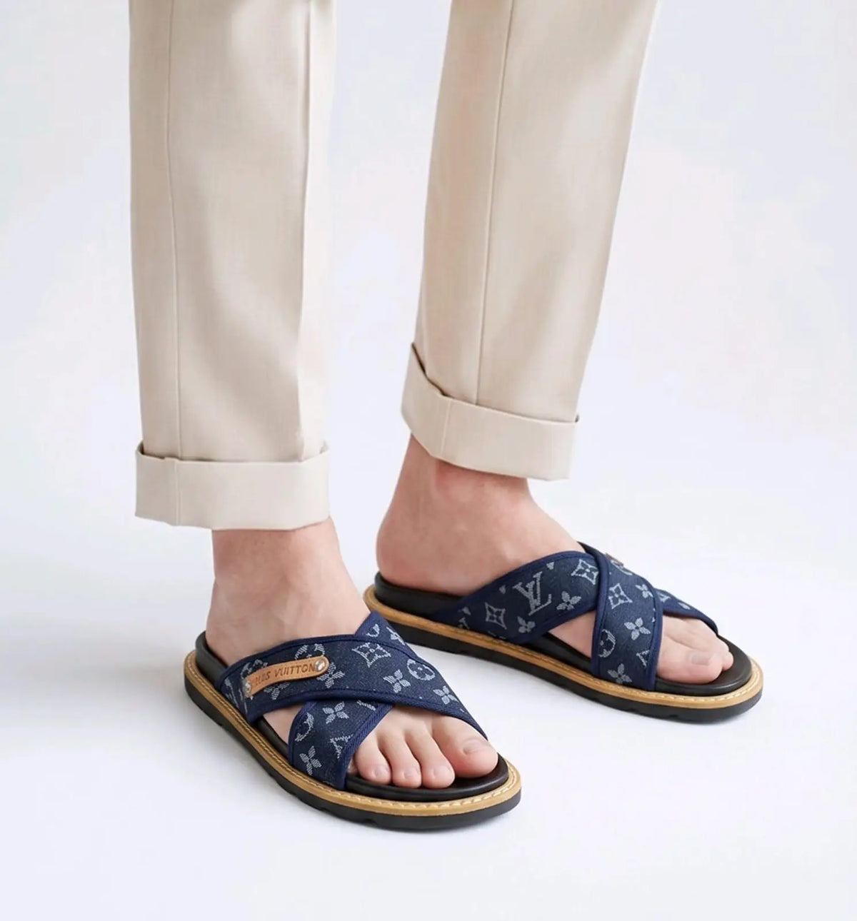 Louis_Vuitton Blue Cross Monogram Denim Slide