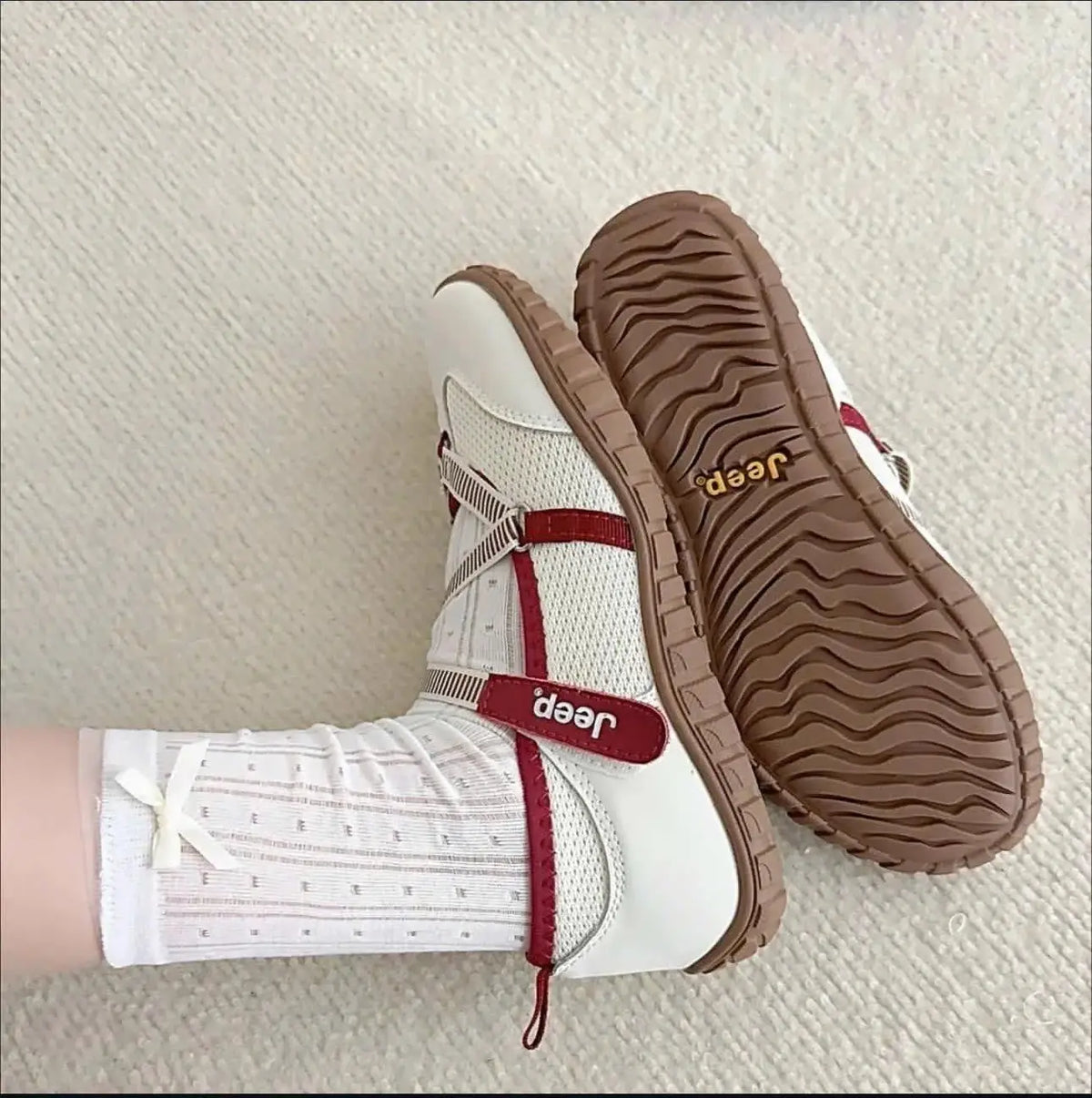 Jeep Outdoor Shoes Womens Low Top Beige  Crimson Red  7A Premium Edition D-2112
