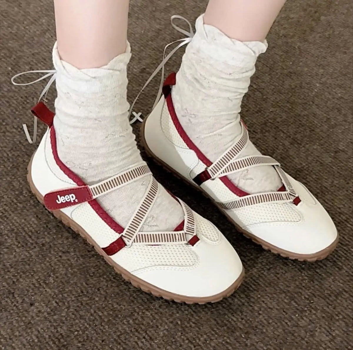 Jeep Outdoor Shoes Womens Low Top Beige  Crimson Red  7A Premium Edition D-2112
