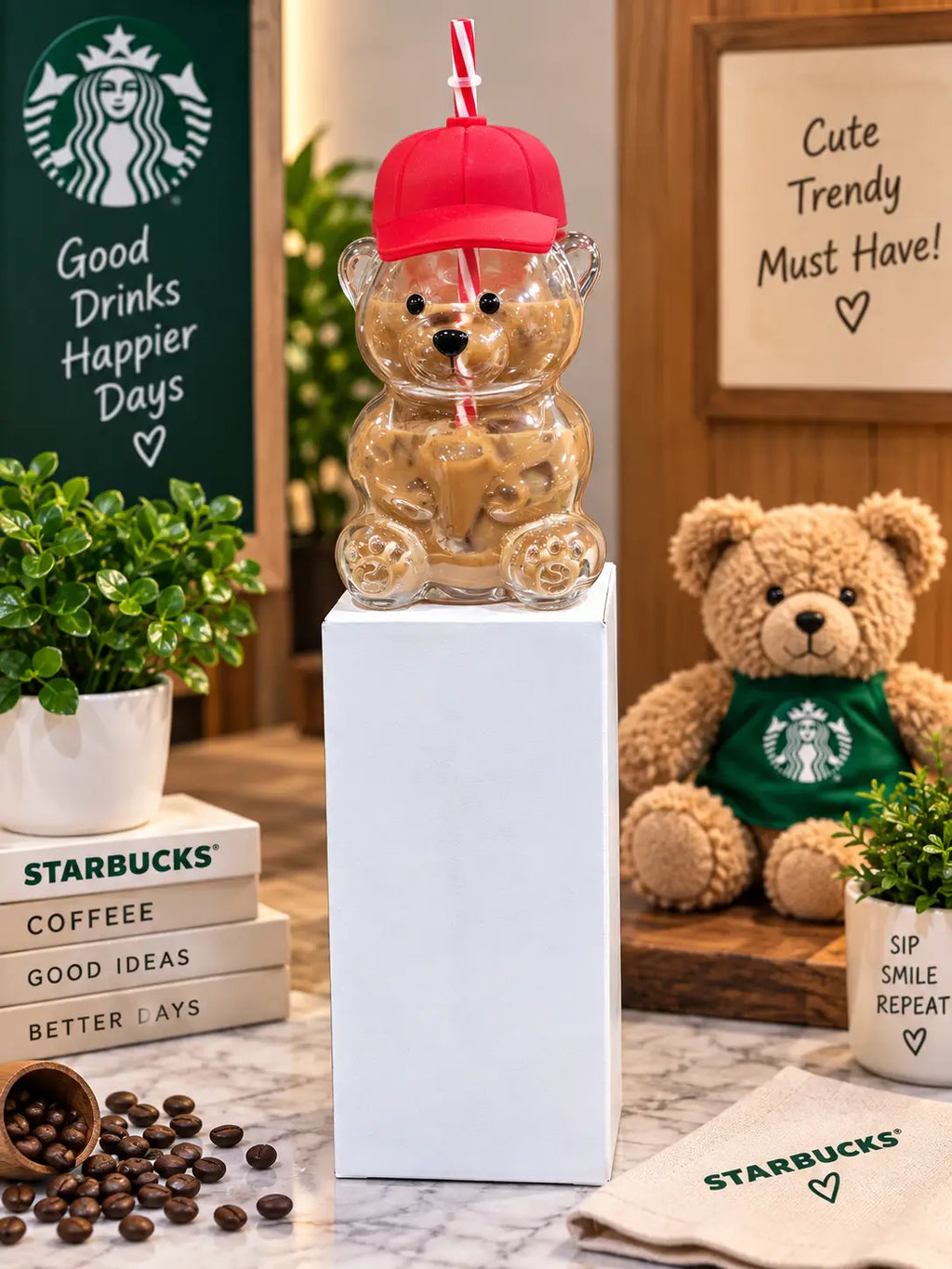 STARBUCKS CUTE BEAR CAP GLASS CUP Red Tumbler Mug