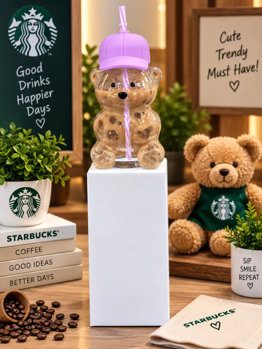 STARBUCKS CUTE BEAR CAP GLASS CUP Purple Tumbler Mug