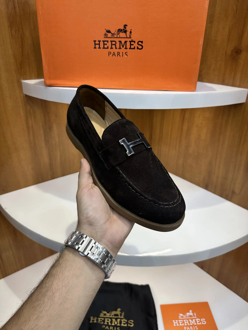 Herms_Brown Premium Suede Leather Formal Loafers