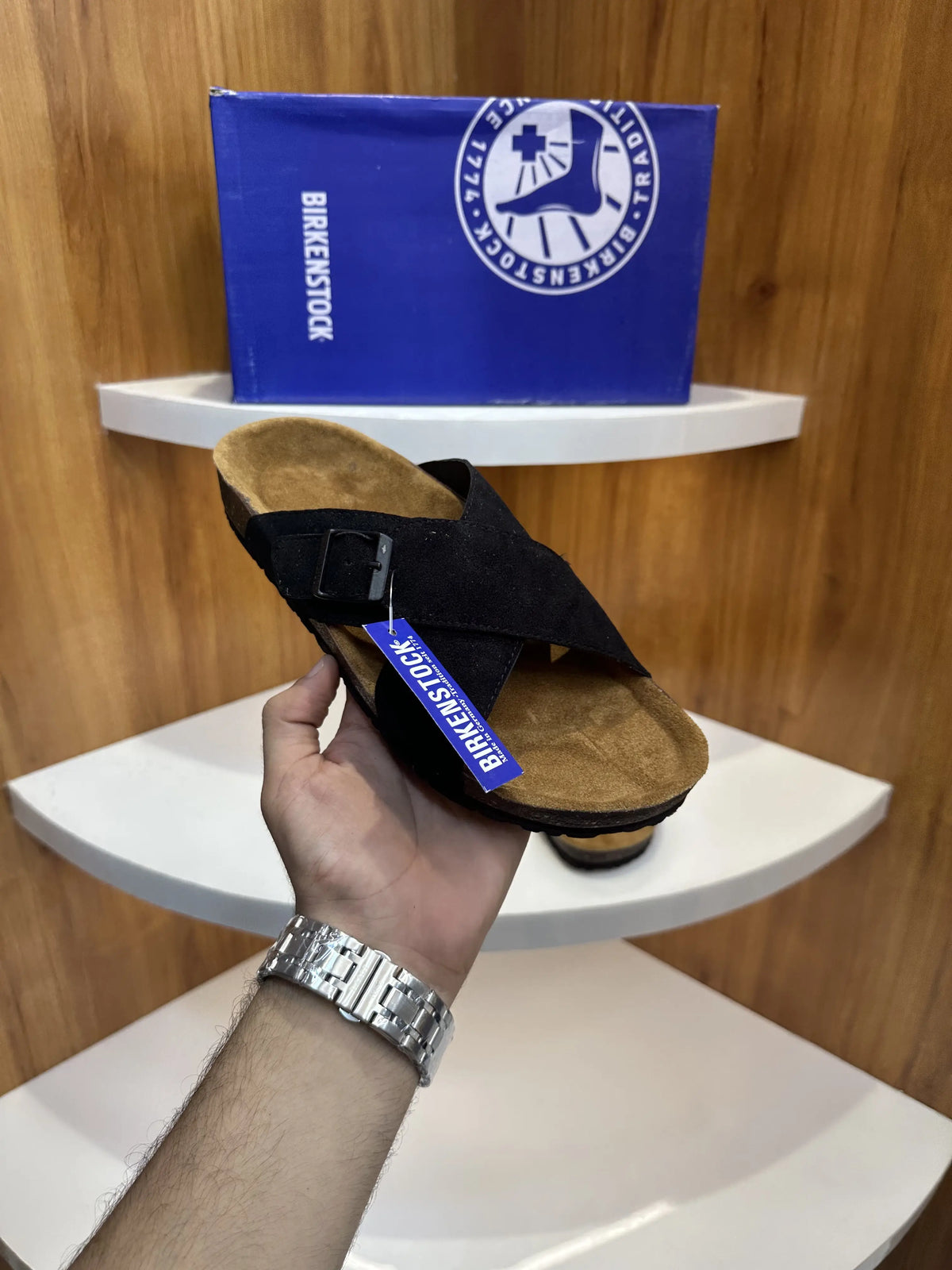 Birkenstock_Black Cross Arizona Suede Leather Slide