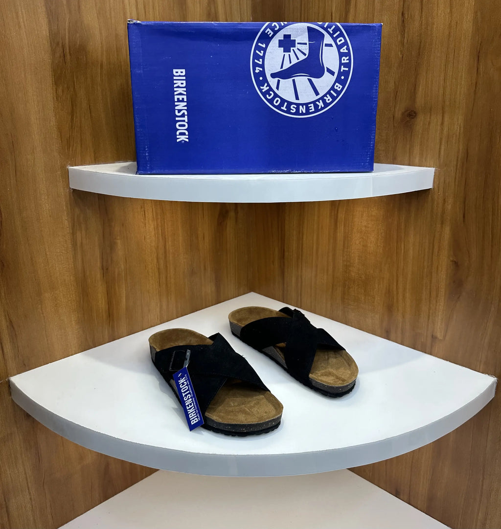 Birkenstock_Black Cross Arizona Suede Leather Slide