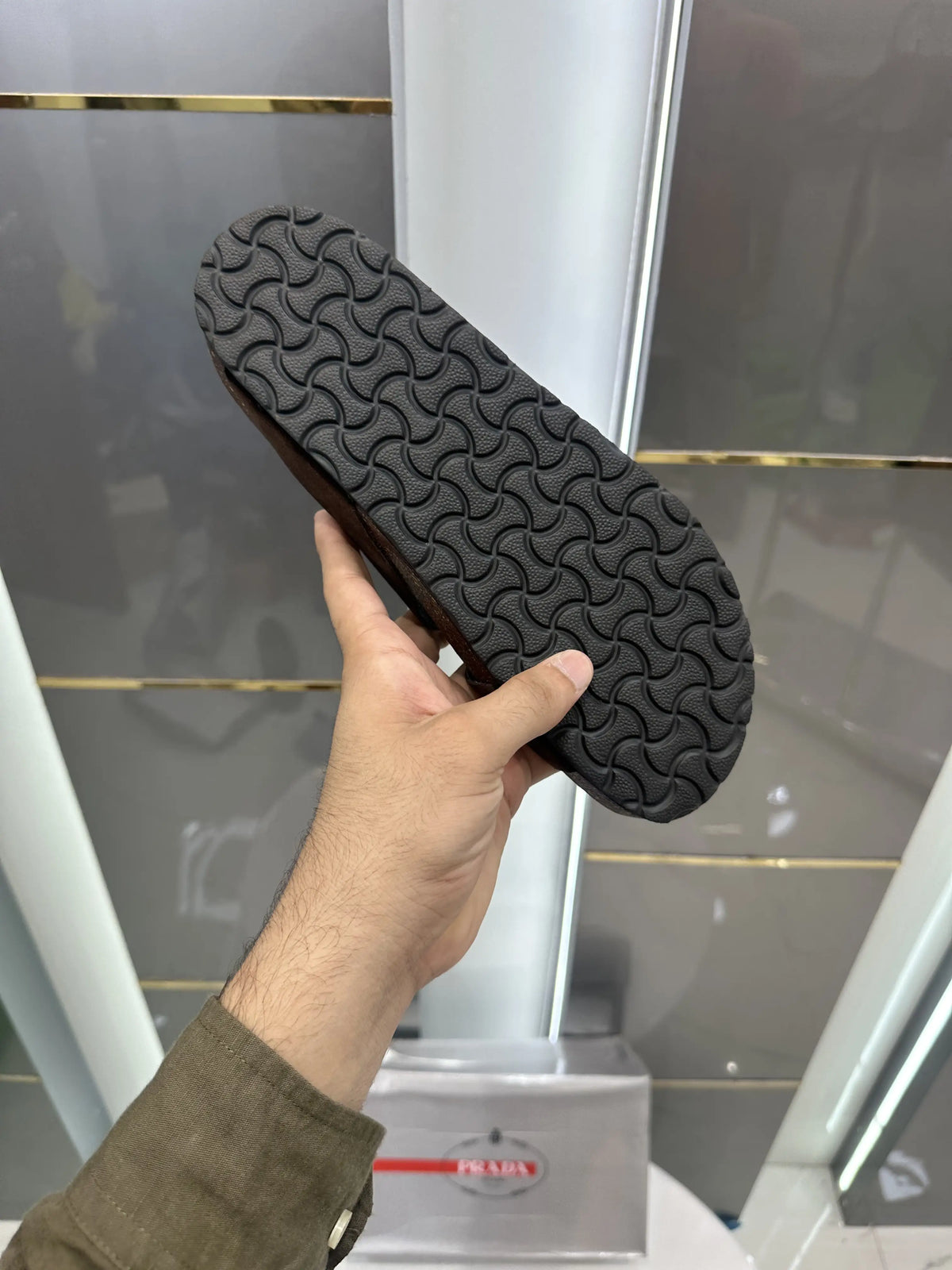 Prada_Tan Cross Premium Suede Leather Slide