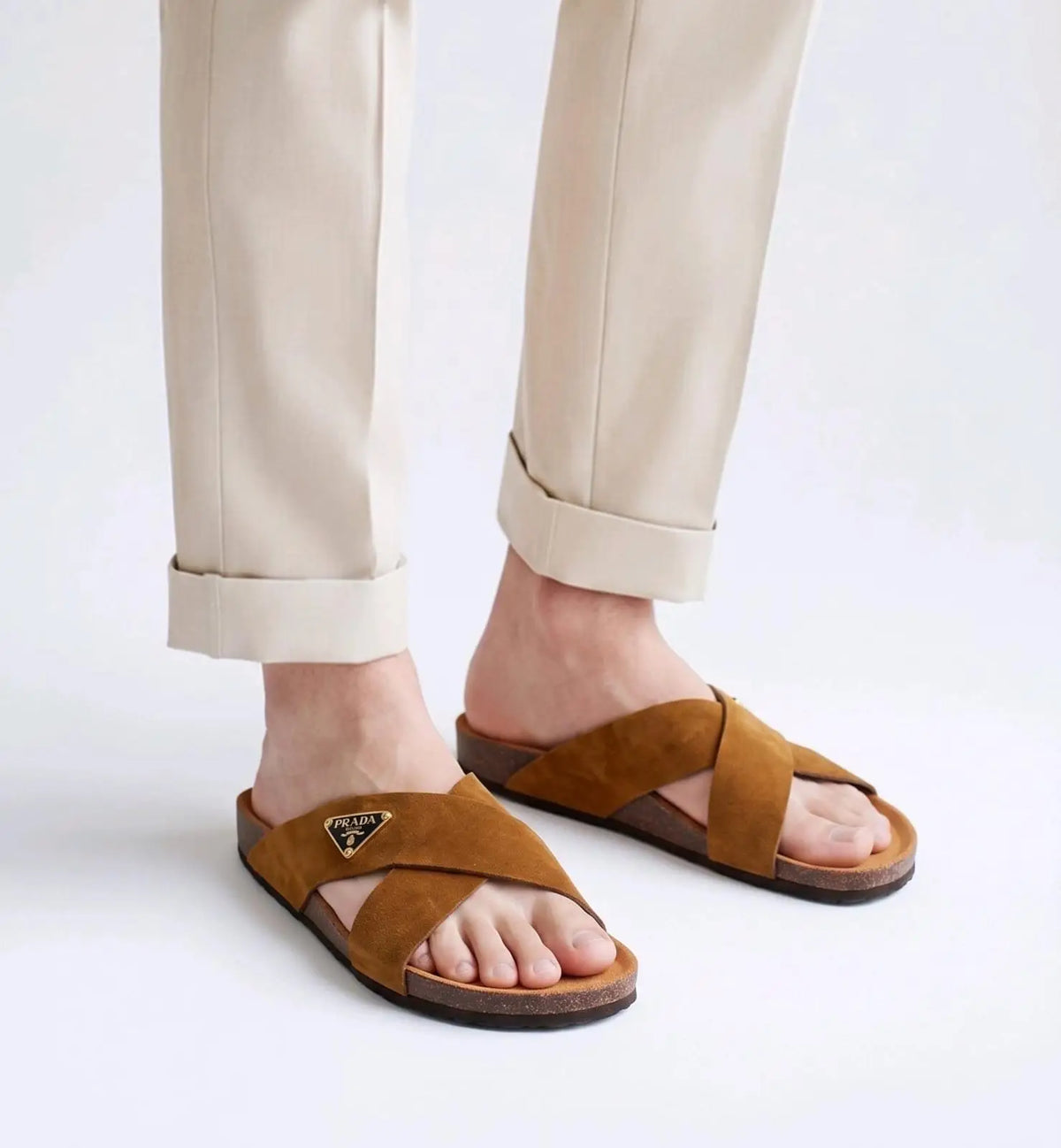 Prada_Tan Cross Premium Suede Leather Slide