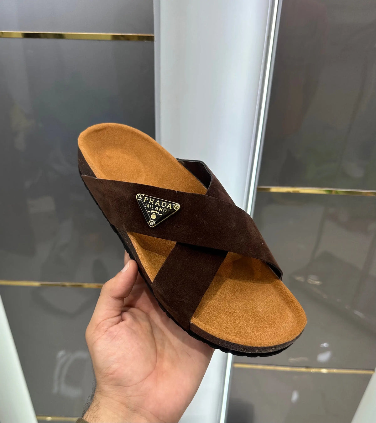 Prada_Brown Cross Premium Suede Leather Slide
