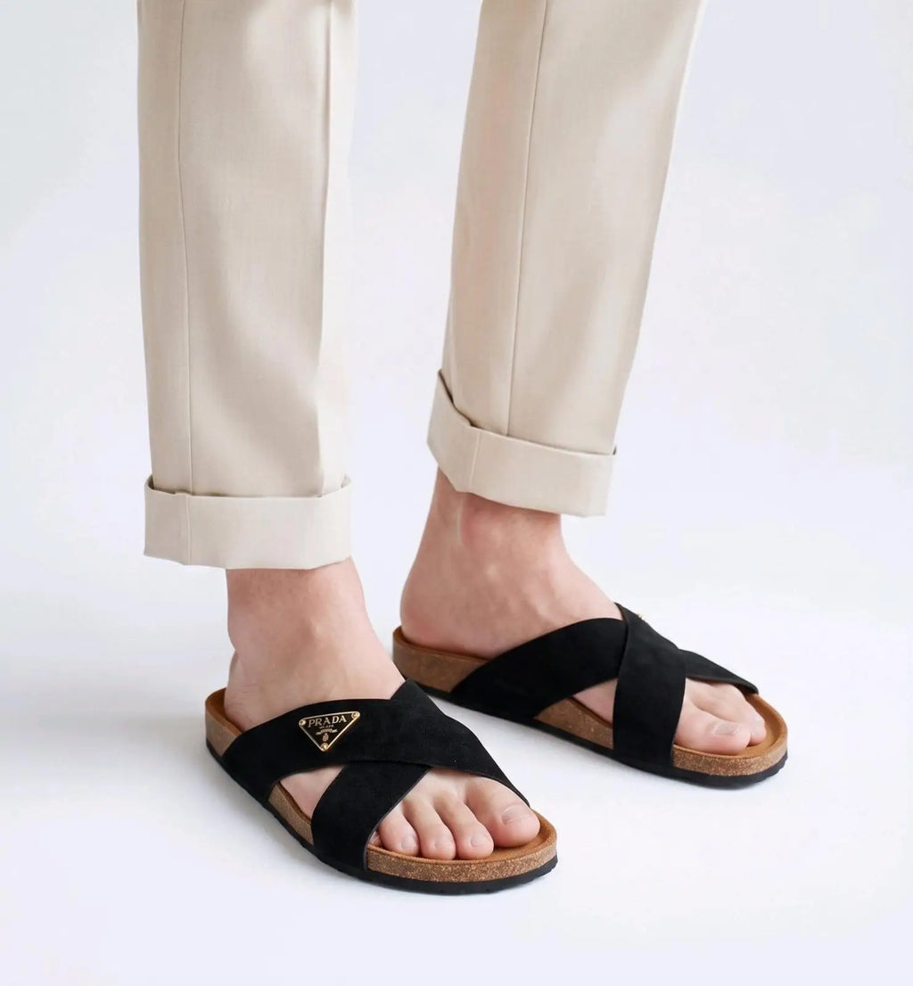 Prada_Black Cross Premium Suede Leather Slide