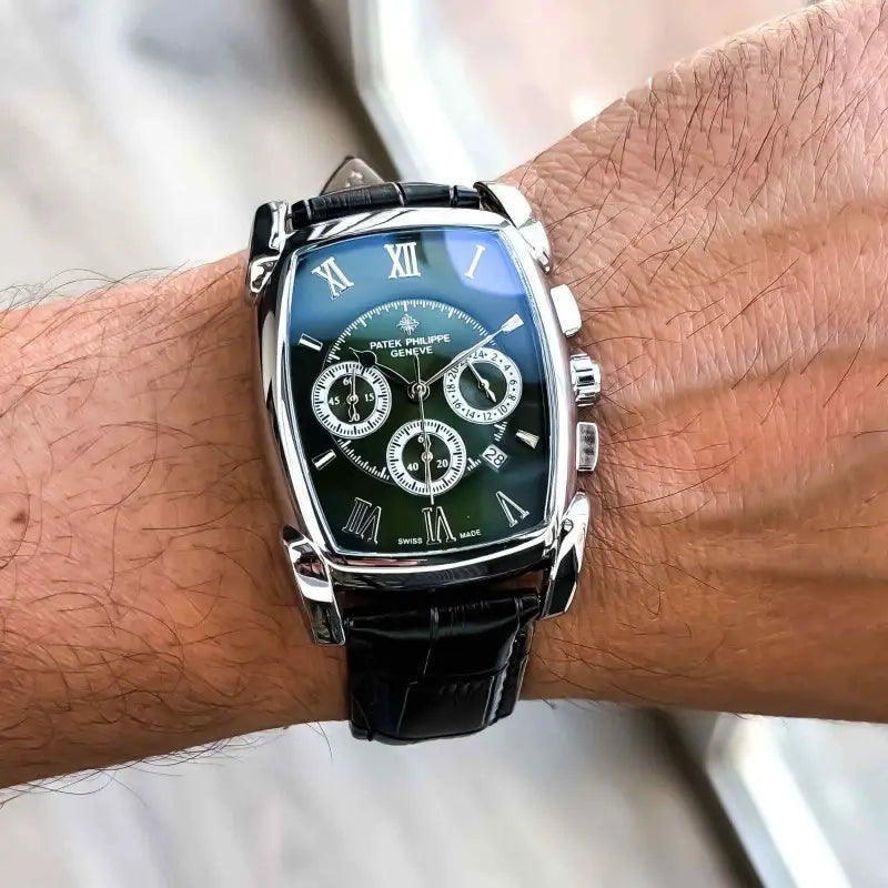 Patek Phillip_e Barrel Chronograph Silver Green Black Belt