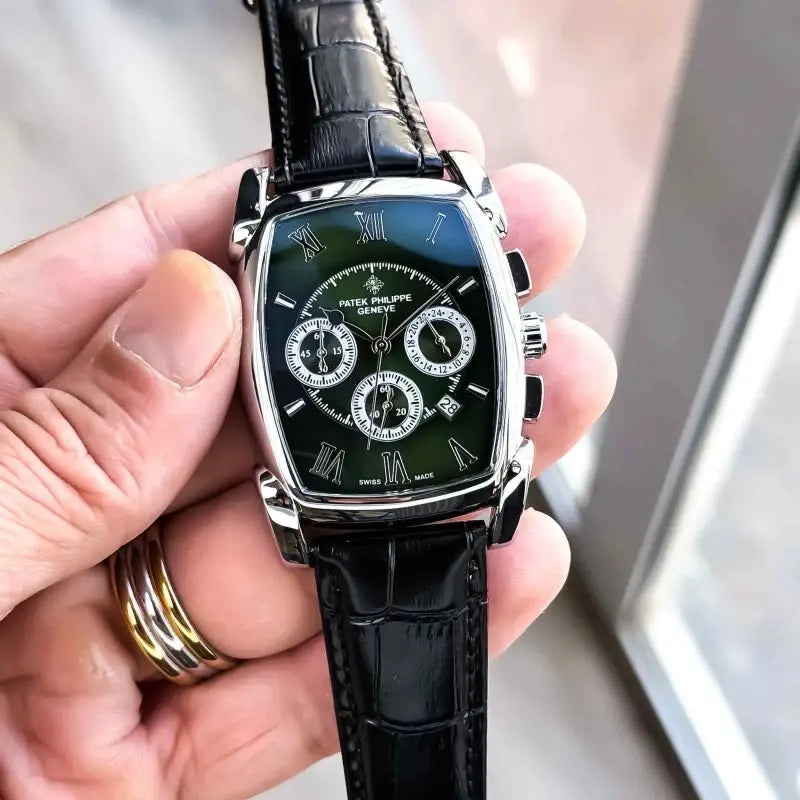 Patek Phillip_e Barrel Chronograph Silver Green Black Belt