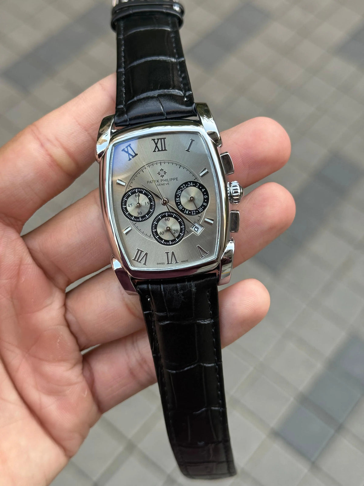Patek Phillip_e Barrel Chronograph Silver White Black Belt