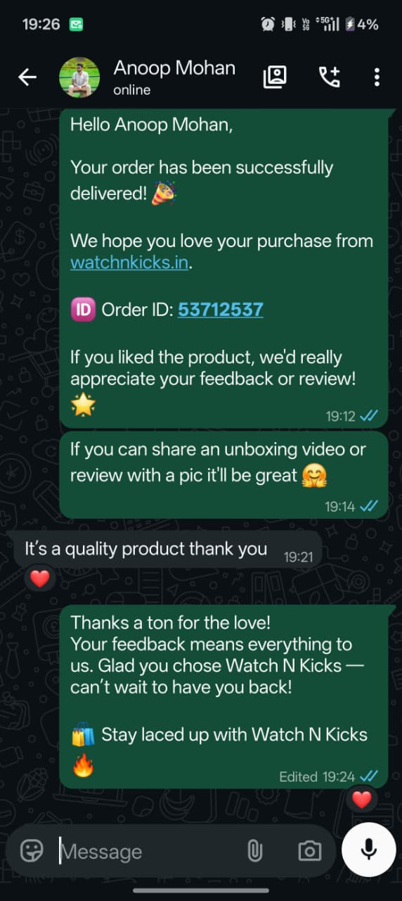 Customer review shared on WhatsApp